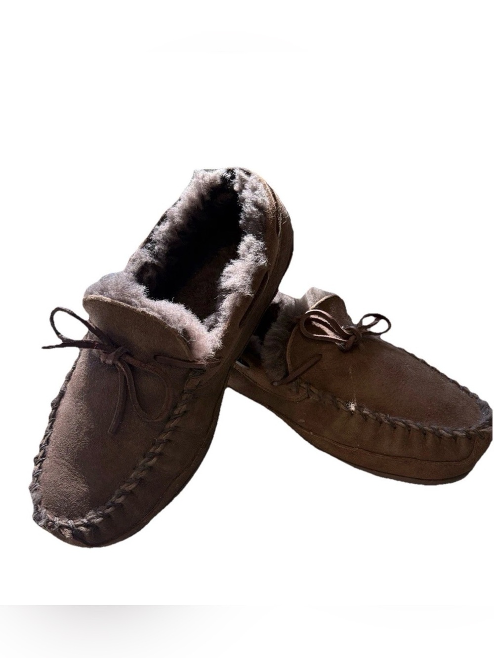 L.L. Bean Men's Wicked Good Suede Shearling Moccasin 9W Brown Loafers Slippers